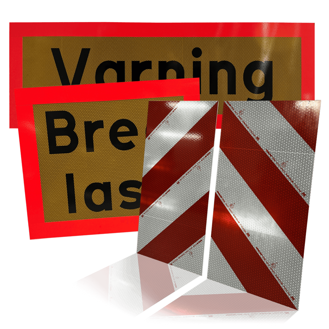 Breddemarkører og varning-plater for kjøring av spesialtransport i Sverige.